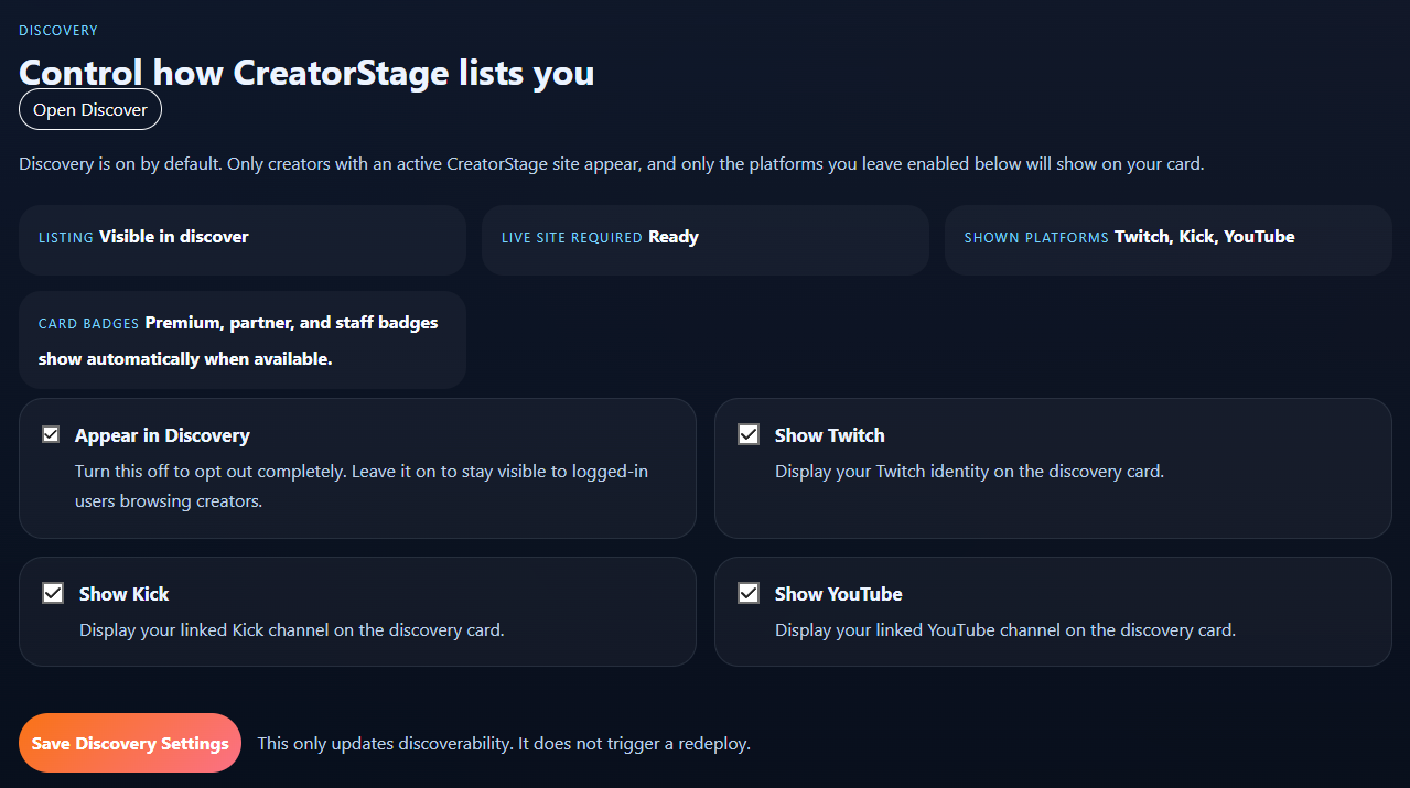 Dashboard screenshot showing discovery visibility controls.