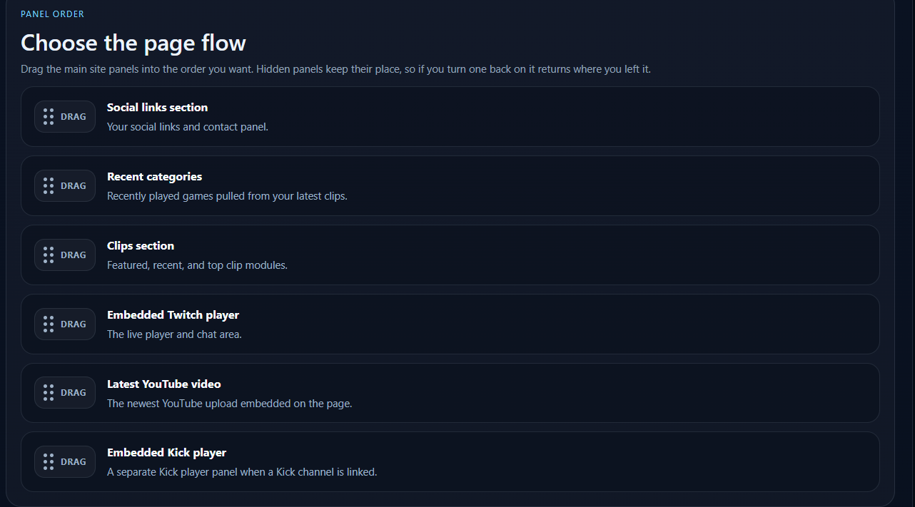 Dashboard screenshot showing drag-and-drop panel ordering controls.