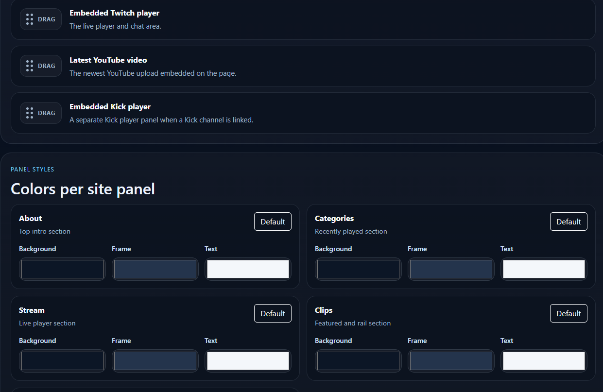 Dashboard screenshot showing per-panel theme color controls.