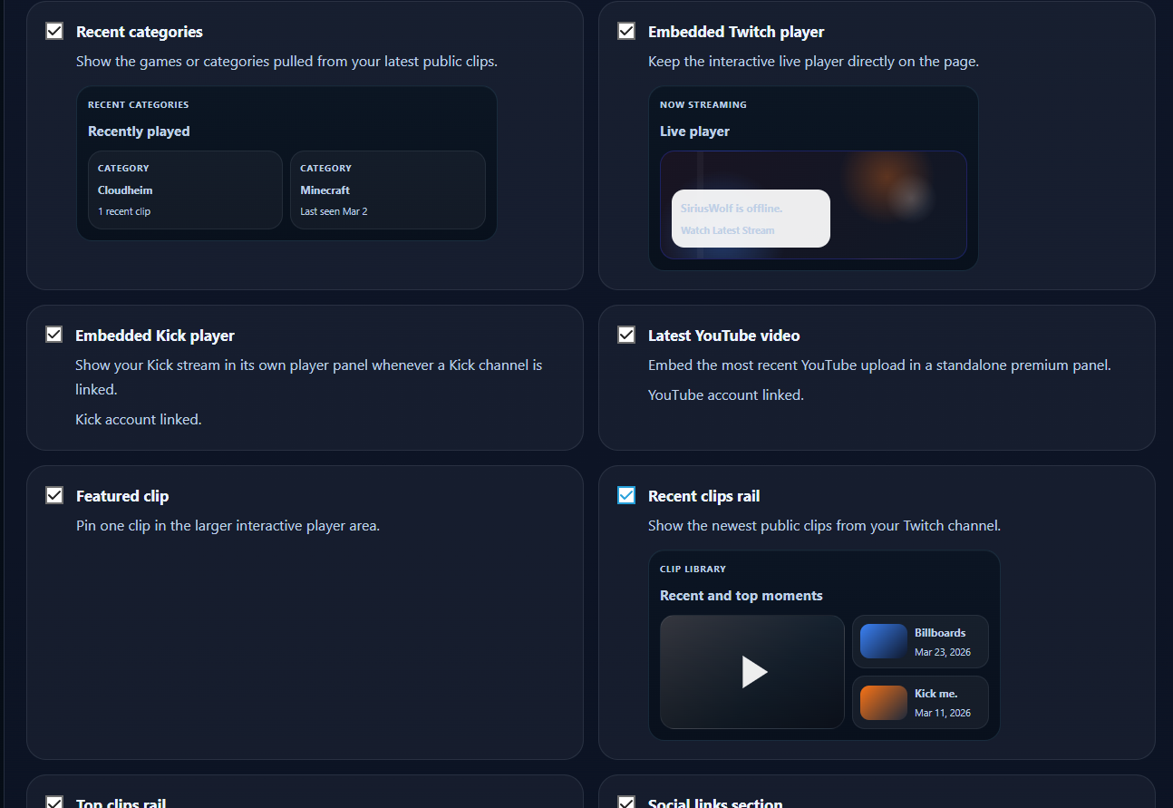 Dashboard screenshot showing panel toggles for categories, clips, players, and socials.