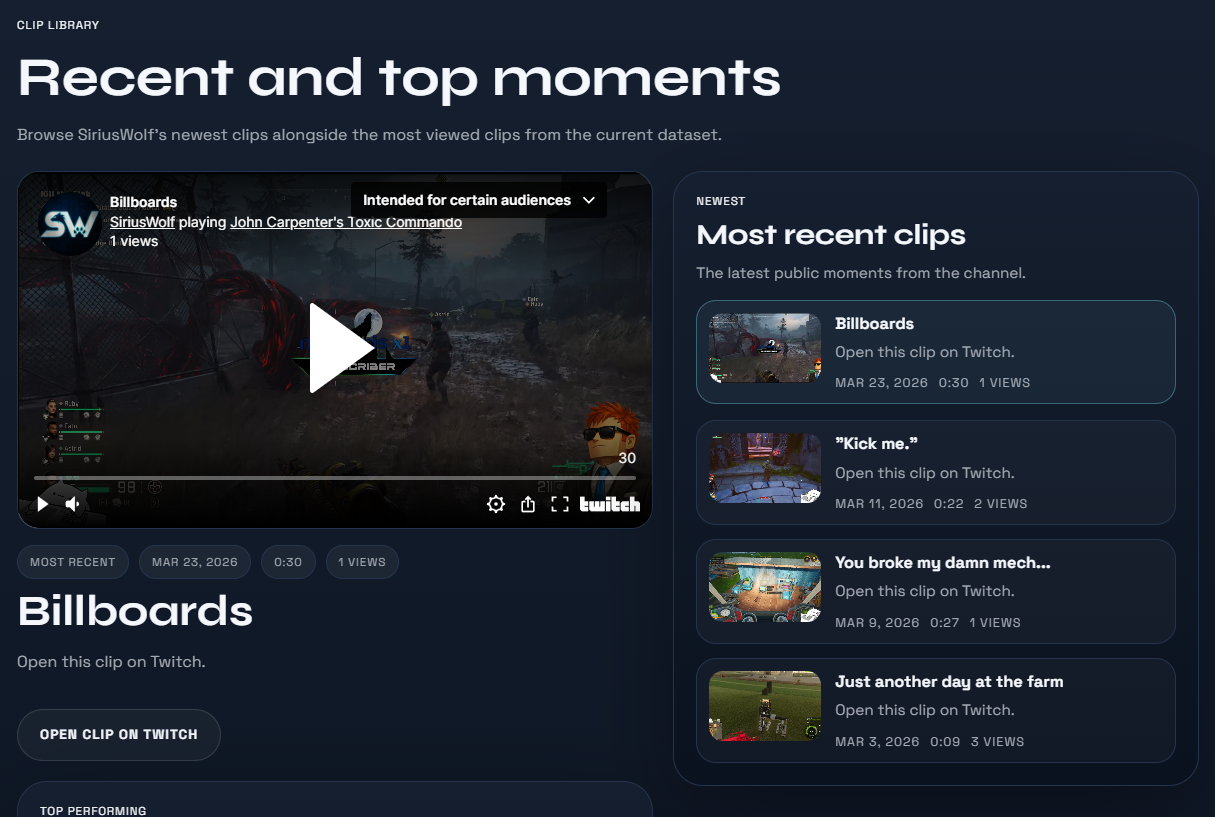 Live page preview showing featured clips and a recent clips rail.